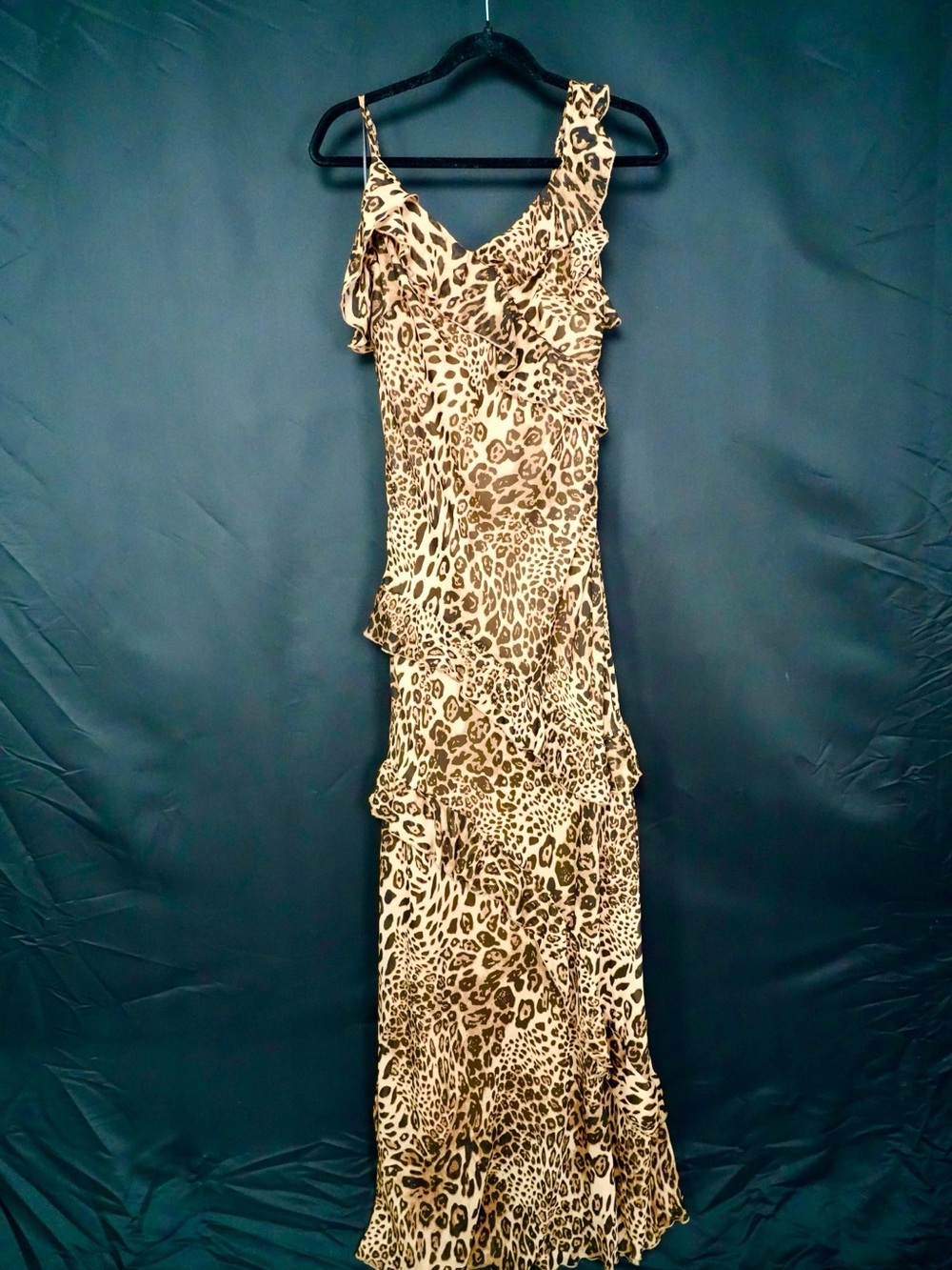 Aakaa Leopard Print One-Shoulder Ruffle Slip Dress - Tan and Brown